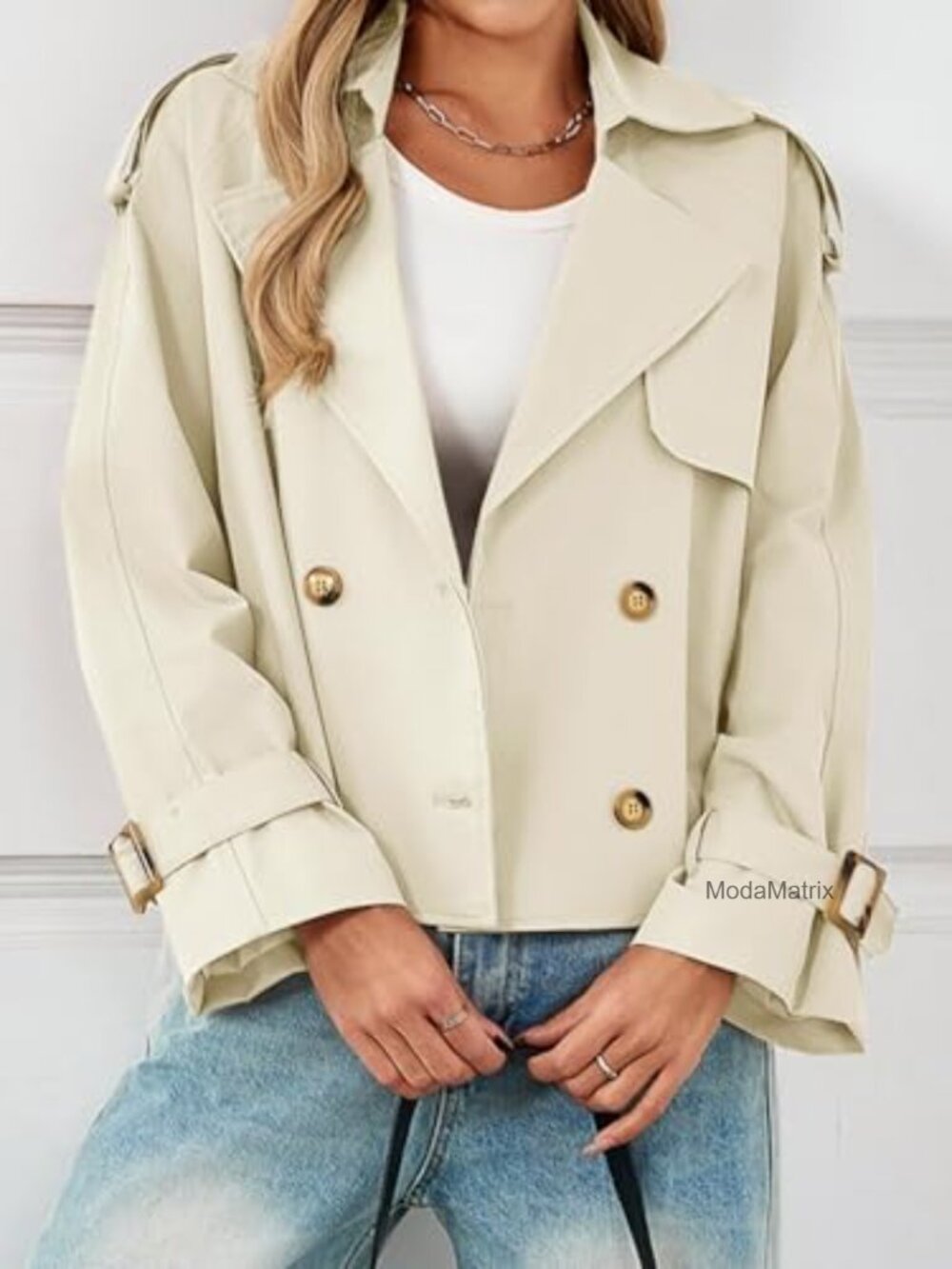 Cropped Trench Coat Oversized Double Breasted Lapel Long Sleeve Short Jacket - Picture 2 of 7